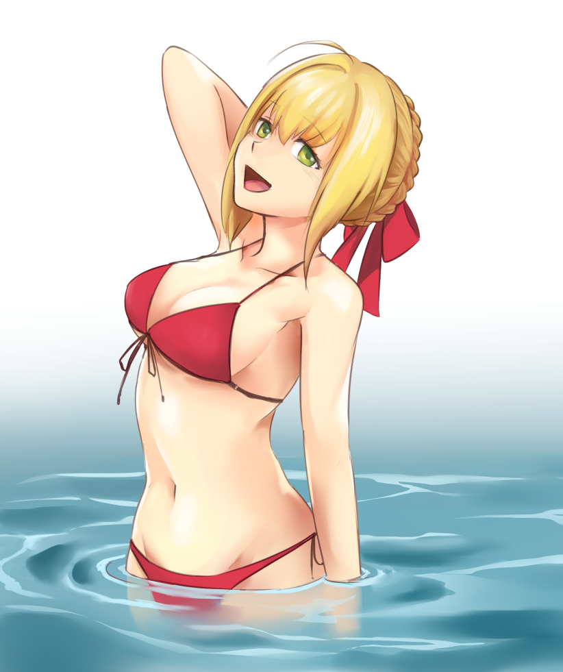 1girl bikini blonde_hair braid breasts fate/extra fate_(series) green_eyes long_hair midriff navel nero_claudius_(fate) nero_claudius_(fate)_(all) partially_submerged r_sin red_bikini relaxing saber_extra solo swimsuit water