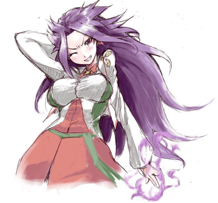 1girl arm_behind_head blouse breasts earrings hakama japanese_clothes jewelry jun'you_(kantai_collection) kantai_collection large_breasts long_hair magatama magatama_earrings magic one_eye_closed onmyouji owju_(ouju) purple_hair remodel_(kantai_collection) sketch solo spiky_hair vest violet_eyes white_background wince
