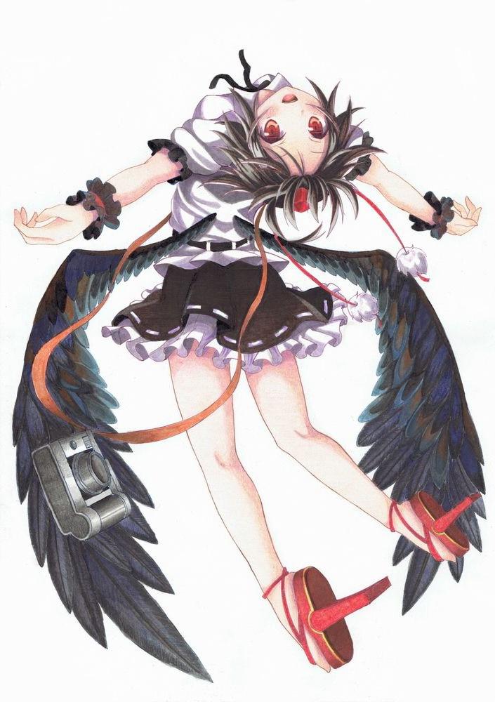 1girl bird_wings black_hair black_wings calligraphy_brush_(medium) camera commentary_request feathers full_body geta hat hat_ribbon kittona looking_at_viewer millipen_(medium) open_mouth outstretched_arms pom_pom_(clothes) puffy_short_sleeves puffy_sleeves ribbon shameimaru_aya shirt short_sleeves skirt smile solo tokin_hat touhou traditional_media watercolor_pencil_(medium) white_background wings wrist_cuffs