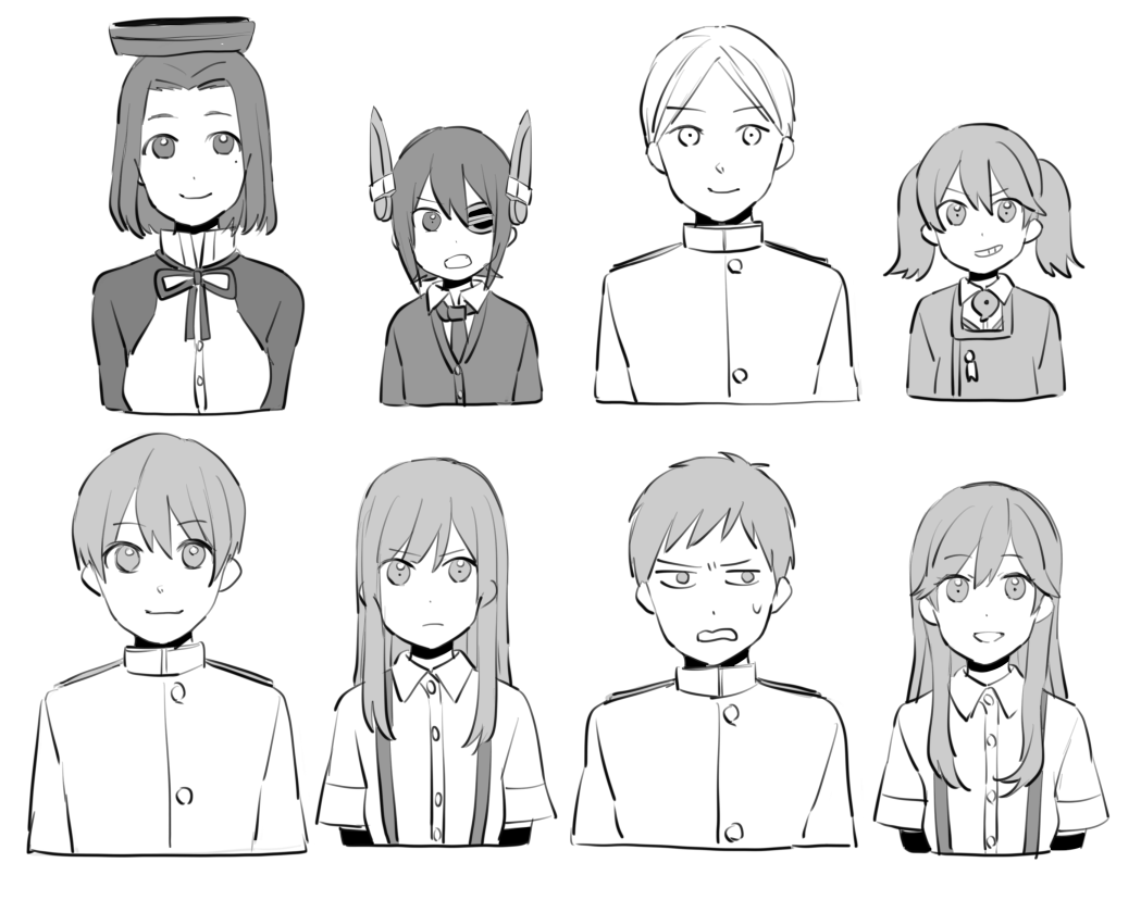 3boys 5girls admiral_(kantai_collection) annoyed arashio_(kantai_collection) arm_warmers asashio_(kantai_collection) bangs buttons collared_shirt evil_grin evil_smile expressionless eyebrows eyebrows_visible_through_hair eyepatch furrowed_eyebrows greyscale grin hair_between_eyes height_difference japanese_clothes kantai_collection long_hair looking_at_viewer looking_away magatama mechanical_halo military military_uniform mole mole_under_eye monochrome multiple_boys multiple_girls neck_ribbon necktie open_mouth ribbon ryuujou_(kantai_collection) school_uniform shirt short_sleeves short_twintails sidelocks simple_background smile soborodooon suspenders tatsuta_(kantai_collection) tenryuu_(kantai_collection) twintails uniform visible_ears white_background