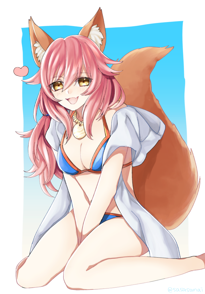 1girl animal_ears bikini blue_bikini blush breasts caster_(fate/extra) cleavage fang fate/extra fate/grand_order fate_(series) fox_ears fox_tail heart jewelry large_breasts necklace open_mouth pink_hair sitting solo swimsuit tail yellow_eyes