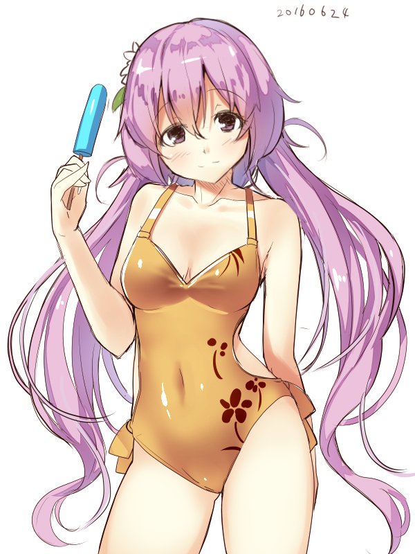 1girl alternate_costume arm_at_side ass_visible_through_thighs bare_arms bare_legs bare_shoulders collarbone contrapposto covered_navel floral_print flower hair_between_eyes hair_flower hair_ornament kasa_jizou long_hair looking_at_viewer one-piece_swimsuit popsicle purple_hair smile solo swimsuit thighs touhou tsukumo_benben twintails very_long_hair violet_eyes yellow_swimsuit