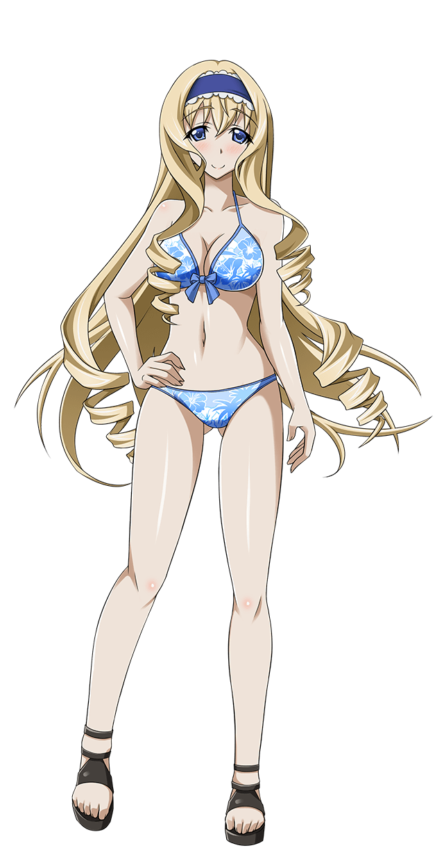 1girl bikini blonde_hair blue_bikini blue_bow blue_eyes blue_hairband bow breasts cecilia_alcott cleavage collarbone eyebrows eyebrows_visible_through_hair full_body hairband hand_on_hip highres infinite_stratos long_hair looking_at_viewer medium_breasts navel shiny shiny_skin simple_background smile solo swimsuit transparent_background