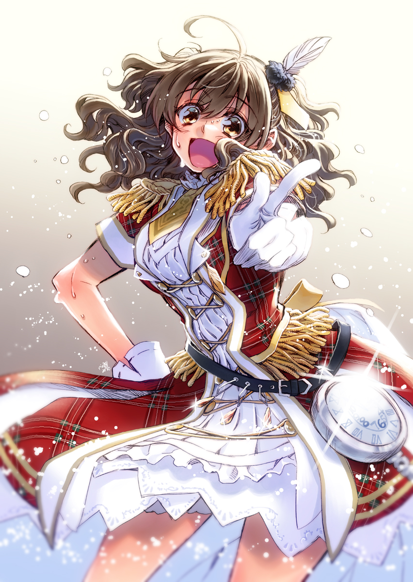 1girl across_the_stars akagi_miria belt black_hair blurry blush brown_eyes clock depth_of_field dripping epaulettes glowing gradient gradient_background hair_ornament highres idolmaster idolmaster_cinderella_girls idolmaster_cinderella_girls_starlight_stage long_hair older open_mouth pointing smile solo sparkle sweat sweating sweating_profusely takanashi_ringo two_side_up