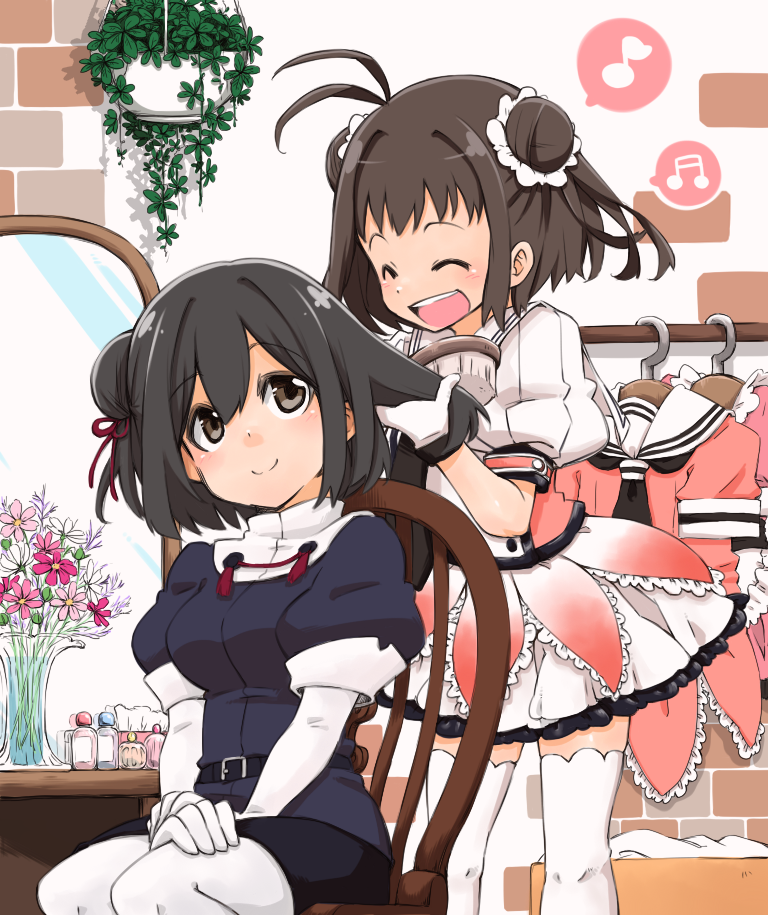 2girls :d alternate_hairstyle antenna_hair beamed_semiquavers black_hair blush bottle brown_eyes brown_hair chair closed_eyes clothes_hanger commentary_request double_bun gloves haguro_(kantai_collection) hair_brushing hair_ornament hair_scrunchie hands_on_lap hanging_plant kantai_collection mirror multiple_girls musical_note naka_(kantai_collection) open_mouth pantyhose perfume_bottle plant potted_plant quaver remodel_(kantai_collection) rikuo_(whace) scrunchie sitting smile spoken_musical_note thigh-highs white_legwear