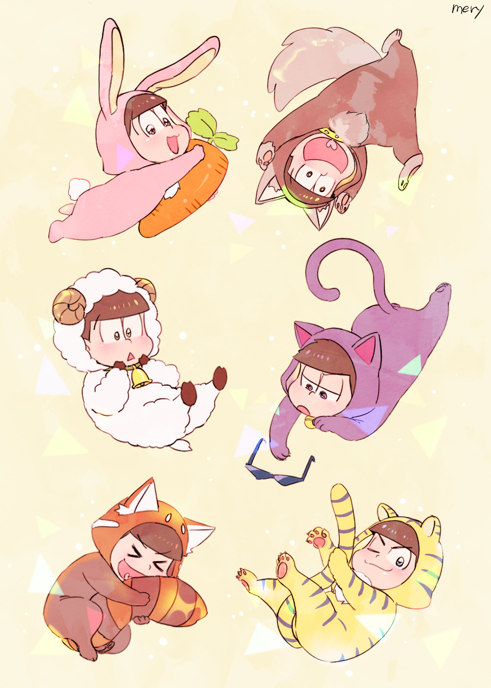&gt;_&lt; 6+boys :d animal_costume bell brothers brown_eyes brown_hair bunny_costume cat_costume chibi closed_eyes dog_costume heart heart_in_mouth highres male_focus matsuno_choromatsu matsuno_ichimatsu matsuno_juushimatsu matsuno_karamatsu matsuno_osomatsu matsuno_todomatsu mery_(apfl0515) multiple_boys open_mouth osomatsu-kun osomatsu-san red_panda_costume sheep_costume siblings smile sunglasses sunglasses_removed tail tail_hug tiger_costume tiger_print triangle_mouth