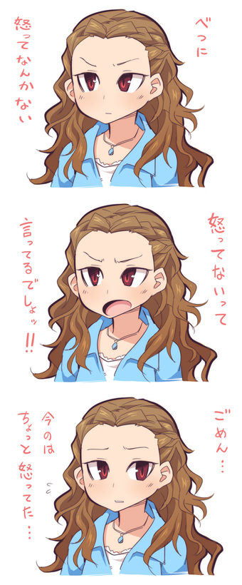 1girl blush braid brown_hair closed_mouth flying_sweatdrops forehead idolmaster idolmaster_cinderella_girls jewelry long_hair necklace open_mouth red_eyes seki_hiromi simple_background solo translated tsurime upper_body ushi white_background