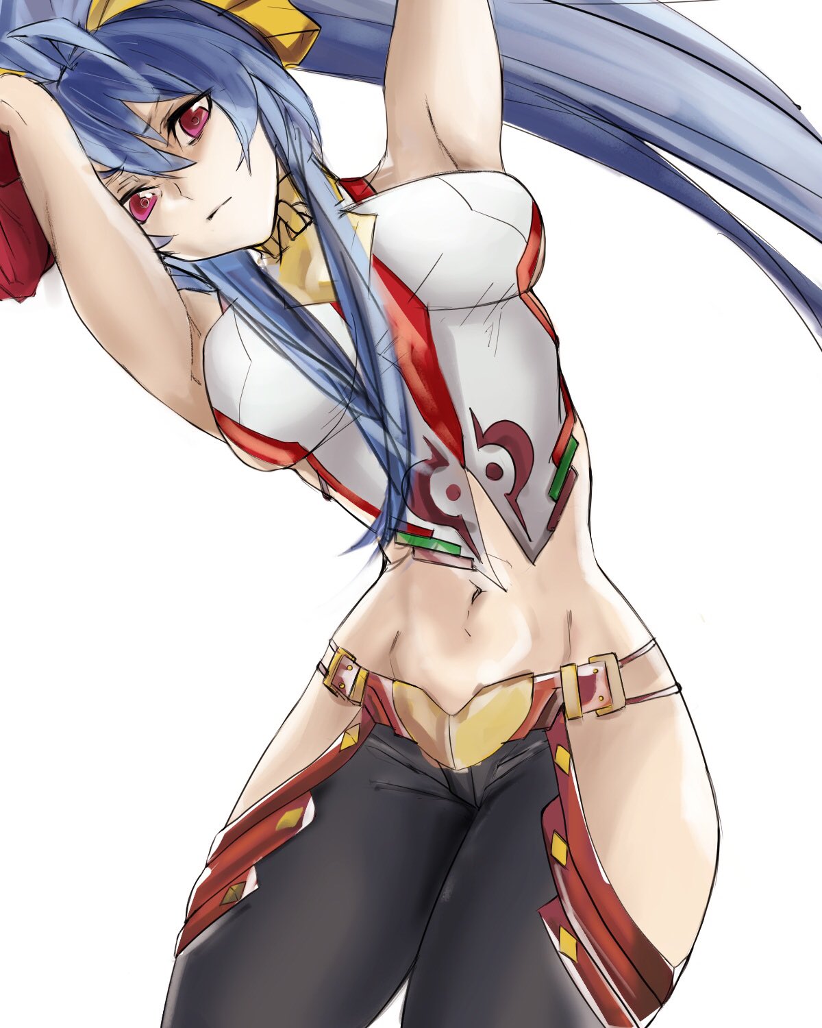 1girl antenna_hair armpits arms_up backless_outfit bangs bare_shoulders black_pants blazblue blazblue:_central_fiction blazblue_variable_heart blue_hair bontomu bow breasts closed_mouth cowboy_shot frown genderswap genderswap_(mtf) hair_between_eyes hair_bow halter_top halterneck highres large_breasts leaning_to_the_side long_hair looking_at_viewer lowleg lowleg_pants mai_natsume midriff navel no_bra no_panties pants ponytail revealing_clothes ribbon sideboob sidelocks simple_background solo thighs very_long_hair violet_eyes white_background yellow_bow