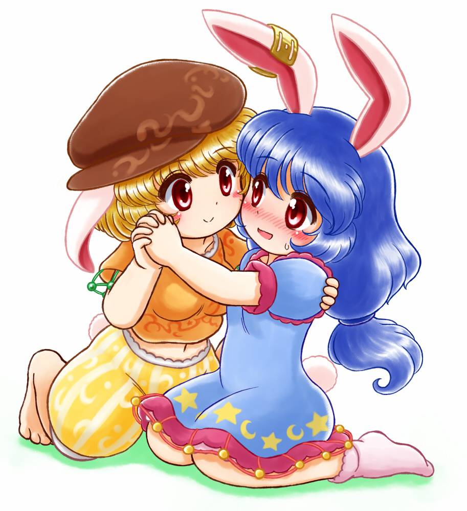 2girls animal_ears barefoot blonde_hair blue_dress blue_hair blush bobby_socks breasts bunny_tail cheek-to-cheek chibi crescent crop_top dress ear_clip eye_contact flat_cap frilled_skirt frills hand_on_another's_back hat holding_hands interlocked_fingers kneeling long_hair looking_at_another low-tied_long_hair midriff multiple_girls navel nitamago puffy_shorts rabbit_ears red_eyes ringo_(touhou) seiran_(touhou) short_hair short_sleeves shorts simple_background sitting skirt smile socks star star_print sweat tail touhou wariza white_background yuri