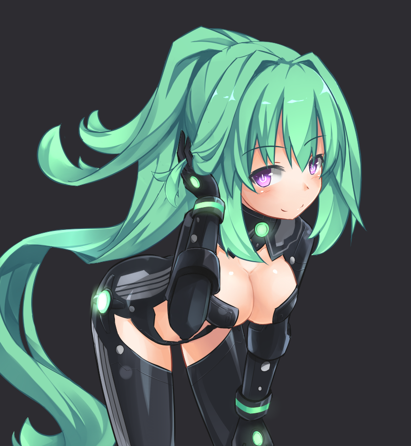 1girl blush breasts cleavage green_hair green_heart himajin_(starmine) large_breasts leaning_forward long_hair looking_at_viewer neptune_(series) ponytail power_symbol solo symbol-shaped_pupils vert very_long_hair violet_eyes