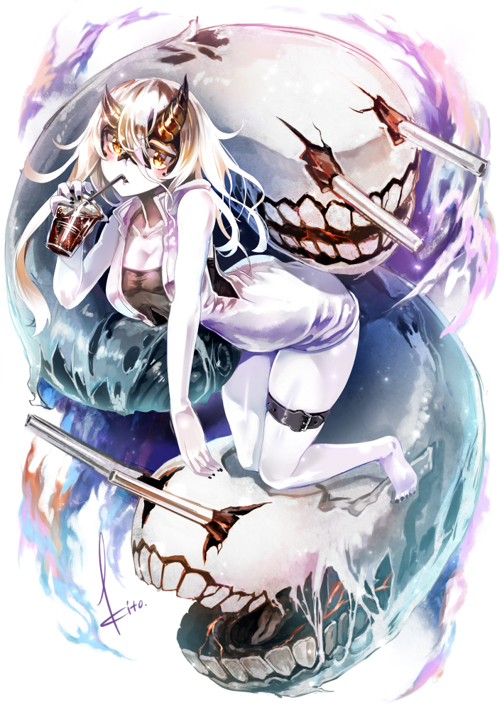 1girl artist_name asymmetrical_horns bangs barefoot black_nails breasts brown_eyes cannon cleavage commentary_request dress drinking drinking_straw hair_between_eyes heavy_cruiser_summer_hime horns jacket kantai_collection kito_(kito2) kneeling looking_at_viewer medium_breasts nail_polish oni_horns shinkaisei-kan short_hair soda_cup solo swimsuit tail tank_top teeth thigh_strap turret waves white_hair white_skin