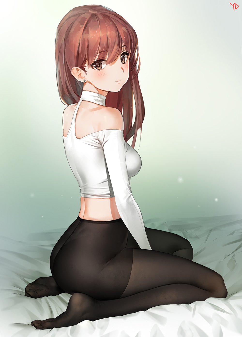 1girl artist_name bare_shoulders bed_sheet black_legwear blush breasts brown_eyes closed_mouth crotch_seam earrings eyebrows eyebrows_visible_through_hair full_body highres japanese_clothes jewelry long_hair long_sleeves looking_at_viewer looking_to_the_side pantyhose redhead shirt shoulder_cutout small_breasts smile soles solo stud_earrings tsurime white_shirt yang-do