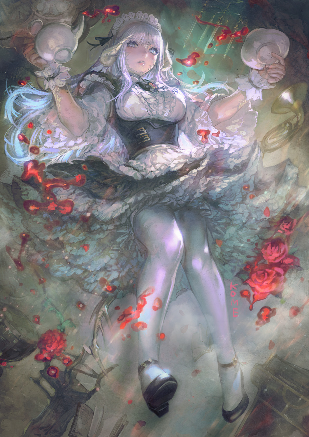 au_ra bangs black_bow black_bowtie black_ribbon black_shoes blunt_bangs book bow bowtie breasts brooch chair drink drum dust final_fantasy final_fantasy_xiv floating_object flower frilled_skirt frilled_sleeves frills from_below full_body gem green_eyes hair_ribbon highres holding_pot horns instrument jewelry layered_skirt liquid long_hair maid_headdress medium_breasts open_book pantyhose parted_lips petals pink_lips red_rose ribbon rose rose_petals ruby_(stone) saucer saxophone shoes short_sleeves silver_hair skirt spilled sugoi_kome tea teapot teeth underbust upskirt very_long_hair white_legwear wrist_cuffs