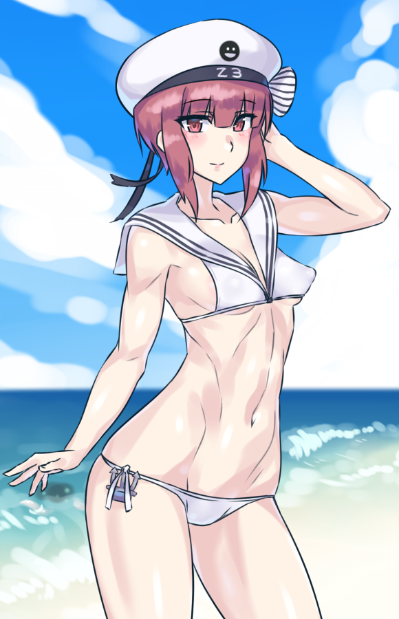 1girl auburn_hair bikini blush breasts brown_eyes evuoaniramu hat kantai_collection looking_at_viewer navel sailor_bikini sailor_collar sailor_hat short_hair smile solo swimsuit white_bikini white_hat z3_max_schultz_(kantai_collection)