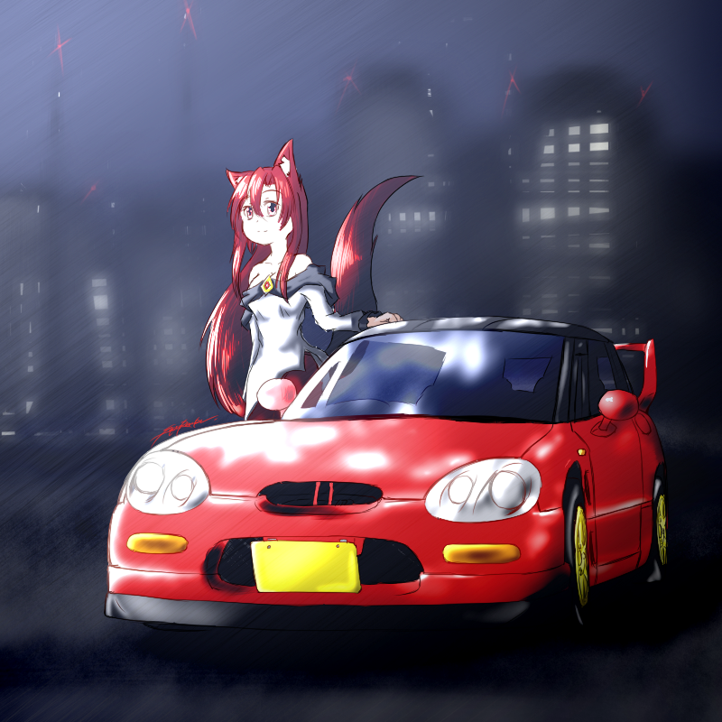 1girl animal_ears breasts brooch brown_hair car cleavage collarbone dress ground_vehicle imaizumi_kagerou jewelry long_sleeves motor_vehicle nail_polish off_shoulder red_eyes red_nails sho~ranpe solo tail touhou wide_sleeves wolf_ears wolf_tail
