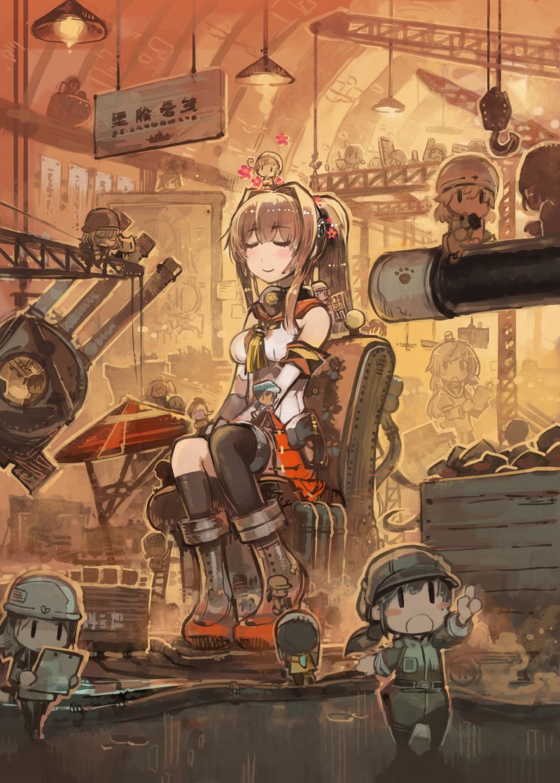 akashi_(kantai_collection) asymmetrical_legwear bangs boots breasts brown_hair clipboard closed_eyes collar commentary_request construction_site crane elbow_gloves fairy_(kantai_collection) flower gloves hair_flower hair_ornament hakama hakama_hold hand_up hands_on_lap hardhat helmet helmet_musume_(kantai_collection) japanese_clothes kantai_collection konno_takashi_(frontier_pub) large_breasts long_hair maintenance_musume_(kantai_collection) overall parasol ponytail school_uniform serafuku sidelocks sitting sleeveless smile thigh-highs umbrella yamato_(kantai_collection)