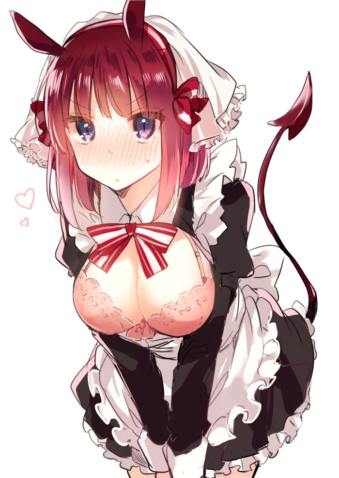 1girl apron blush bra breasts breasts_outside brown_hair cleavage demon_tail hair_ribbon hairband heart horns large_breasts leaning_forward looking_at_viewer maid pink_bra ribbon short_hair simple_background solo tail tanuma_(tyny) underwear v_arms veil violet_eyes waist_apron white_background