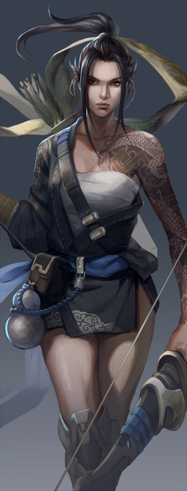 1girl arm_tattoo armor armored_boots arrow asymmetrical_clothes bandolier bangs bare_shoulders belt black_hair boots bow_(weapon) breasts brown_eyes brown_hair building chest_tattoo closed_mouth collarbone cowboy_shot dragon_tattoo genderswap genderswap_(mtf) gourd gradient gradient_background greaves grey_boots hair_ornament hair_ribbon hair_tie hanzo_(overwatch) high_ponytail highres holding holding_weapon japanese_clothes knee_boots knee_pads long_hair looking_at_viewer overwatch parted_bangs ponytail quiver ribbon sae_(revirth) sidelocks solo strap tattoo walking weapon yellow_ribbon