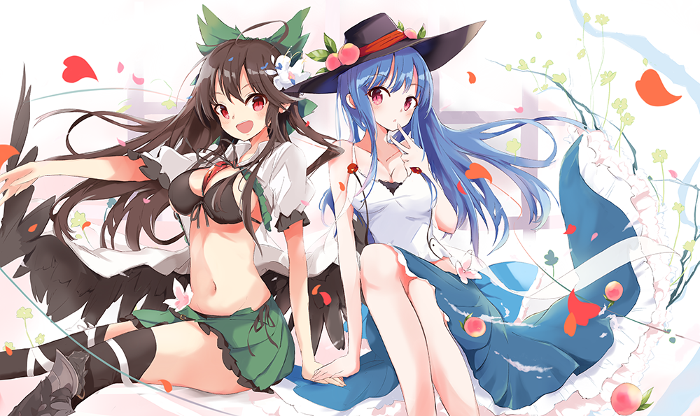 2girls :d adapted_costume ahoge arm_support bare_arms bare_shoulders between_breasts black_bra black_hat black_legwear black_wings blue_hair blue_skirt blush bow bra breasts brown_hair camisole cleavage collarbone collared_shirt crossed_legs finger_to_mouth food frilled_skirt frilled_sleeves frills front-tie_top fruit green_bow green_skirt hair_bow hat hat_ornament heart hinanawi_tenshi holding_hand long_hair long_skirt looking_at_viewer low_wings medium_breasts multiple_girls navel open_clothes open_mouth open_shirt outstretched_arm peach petals pink_eyes pleated_skirt puffy_short_sleeves puffy_sleeves red_eyes reiuji_utsuho shin_guards shirt short_sleeves simple_background skirt sleeveless smile spaghetti_strap stomach taut_clothes taut_shirt tetsurou_(fe+) thigh-highs third_eye touhou underwear very_long_hair white_background white_shirt wing_collar wings