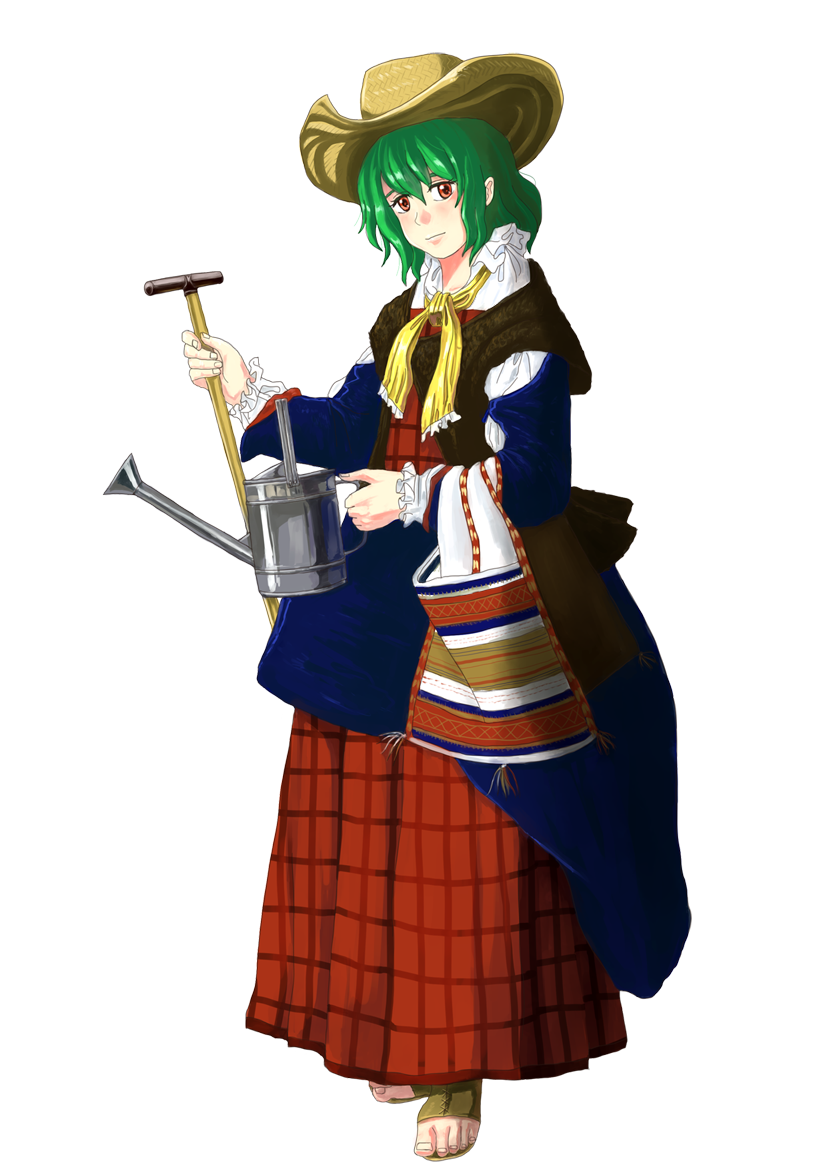 1girl alternate_costume amibazh costume_request full_body green_hair hat kazami_yuuka light_smile looking_at_viewer plaid red_eyes sandals scarf short_hair solo straw_hat toes touhou transparent_background watering_can yellow_scarf