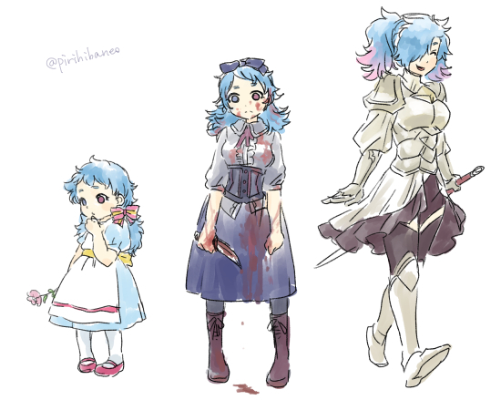 1girl age_progression armor blood bloody_clothes bloody_knife blue_hair bow child dress fire_emblem fire_emblem_if flower hair_bow hair_over_one_eye heterochromia holding holding_flower holding_knife holding_sword holding_weapon knife long_hair multicolored_hair multiple_persona pieri_(fire_emblem_if) pink_hair pirihiba red_eyes spoilers sword twitter_username two-tone_hair weapon younger