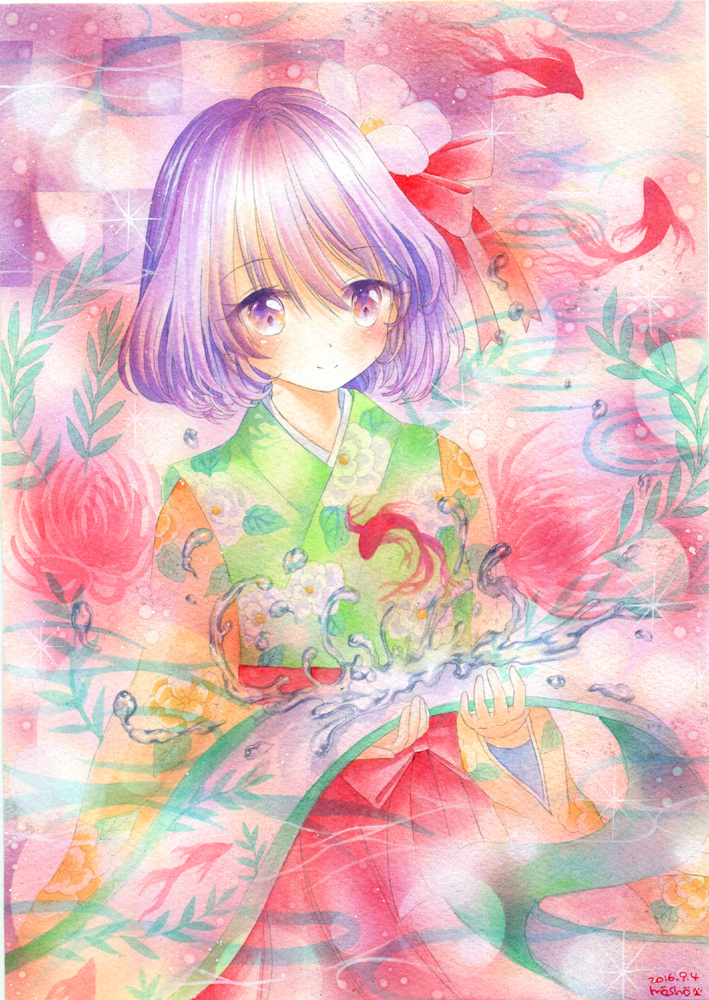 1girl acrylic_paint_(medium) blush bow dated fish flower goldfish hair_bow hair_flower hair_ornament hieda_no_akyuu japanese_clothes light_particles looking_at_viewer marker_(medium) mosho purple_hair scroll short_hair signature silhouette smile solo touhou traditional_media violet_eyes water watercolor_(medium)
