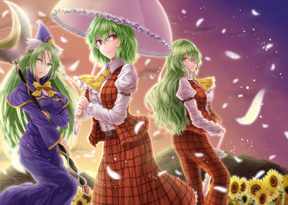 3girls arm_garter ascot belt blue_dress bow bowtie breasts capelet closed_umbrella commentary_request cowboy_shot dress dress_shirt dual_persona field flower flower_field green_eyes green_hair hair_over_one_eye hat high_collar holding holding_staff holding_umbrella juliet_sleeves kazami_yuuka kazami_yuuka_(pc-98) large_breasts long_hair long_sleeves looking_at_viewer mima multiple_girls open_clothes open_vest outdoors pants parasol parted_lips petals plaid plaid_pants plaid_shirt plaid_vest puffy_sleeves red_eyes shirt short_hair skirt skirt_set smile staff sunflower touhou touhou_(pc-98) umbrella vest white_shirt witch_hat y2 yellow_bow yellow_bowtie