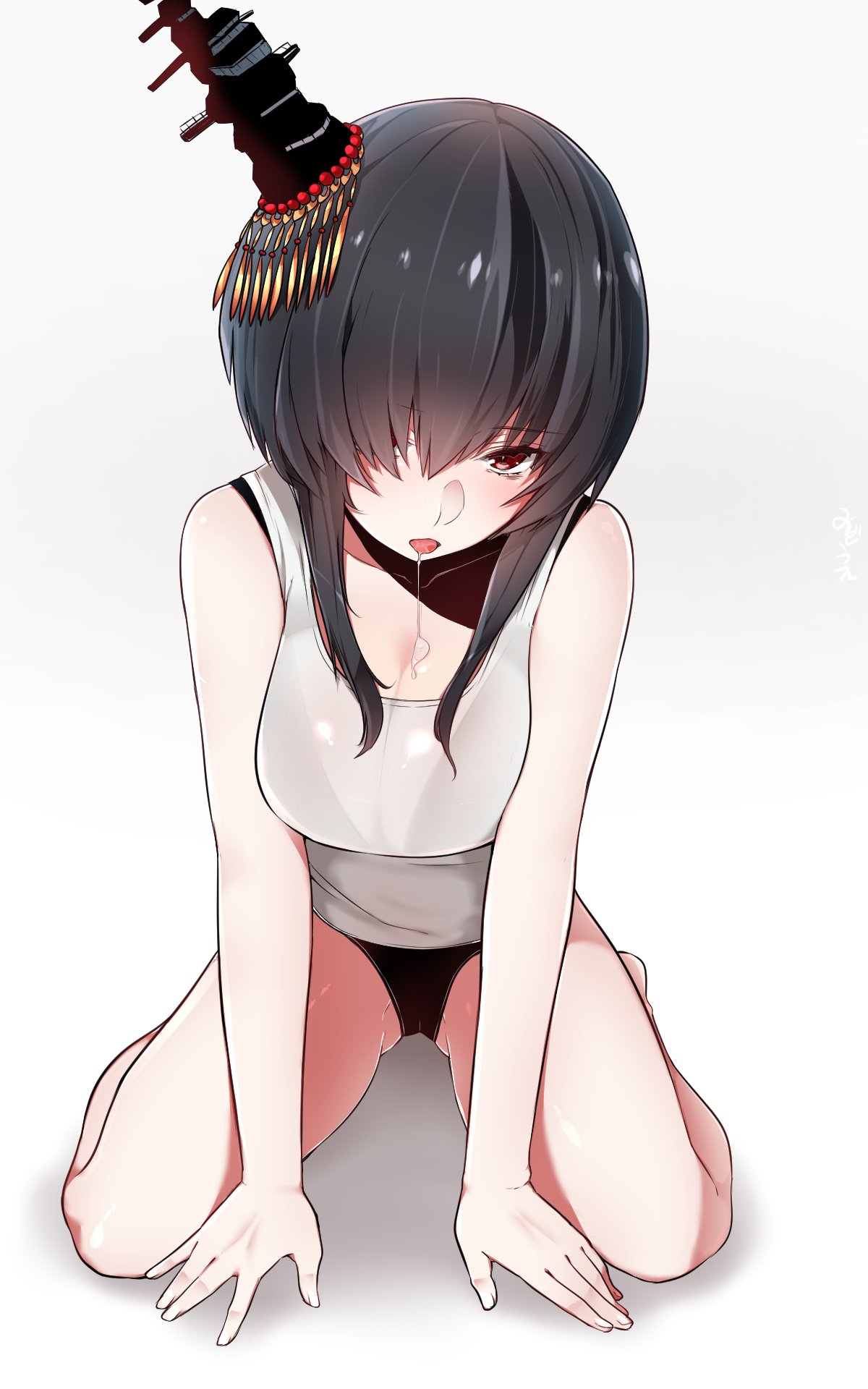 1girl arm_support ass_visible_through_thighs black_bra black_hair black_panties bra breasts cleavage hair_over_one_eye highres kantai_collection large_breasts leaning_forward mitsudoue no_pants panties red_eyes saliva see-through short_hair_with_long_locks sitting solo underwear wariza yamashiro_(kantai_collection)