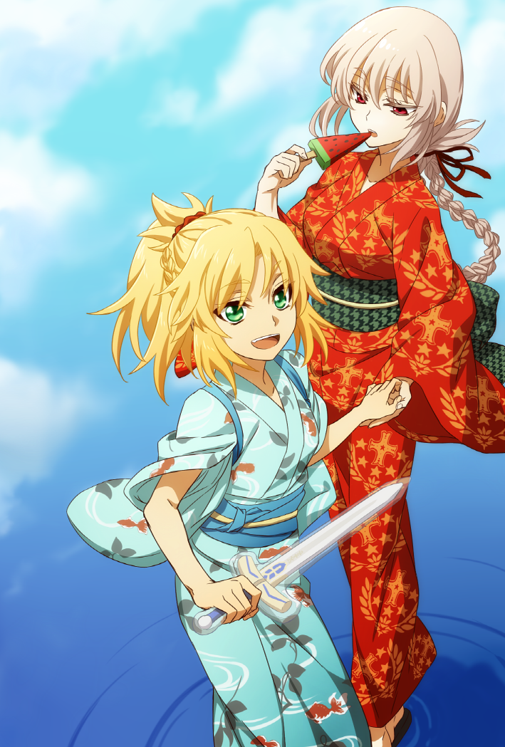 2girls blonde_hair braid clouds crown_braid eating excalibur fate/grand_order fate_(series) florence_nightingale_(fate/grand_order) food fruit goldfish_print green_eyes grey_hair hair_ribbon holding holding_hands japanese_clothes kimono long_hair looking_at_viewer multiple_girls obi oiun open_mouth patterned ponytail red_eyes red_ribbon ribbon ripples saber_of_red sash sky sleeves_rolled_up smile standing standing_on_liquid toy toy_sword water watermelon wide_sleeves yukata