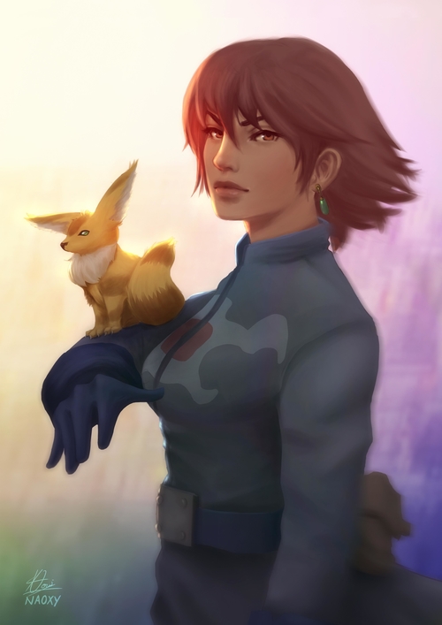 1girl animal animal_on_hand blue_gloves bodysuit breasts brown_hair earrings eyebrows eyebrows_visible_through_hair female gloves jewelry kaze_no_tani_no_nausicaa lips looking_at_viewer medium_breasts naoxy nausicaa nose short_hair solo teto thick_eyebrows