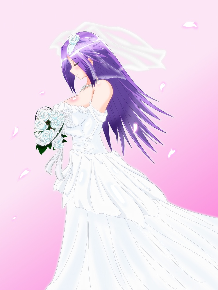 1girl bare_shoulders blush bouquet breasts bridal_veil cherry_blossoms closed_eyes dress elbow_gloves flower gloves hair_flower hair_ornament jewelry jun'you_(kantai_collection) kantai_collection large_breasts long_hair necklace petals pink_background purple_hair rose solo spiky_hair strapless strapless_dress veil wa_bu_ki wedding_dress white_dress white_rose