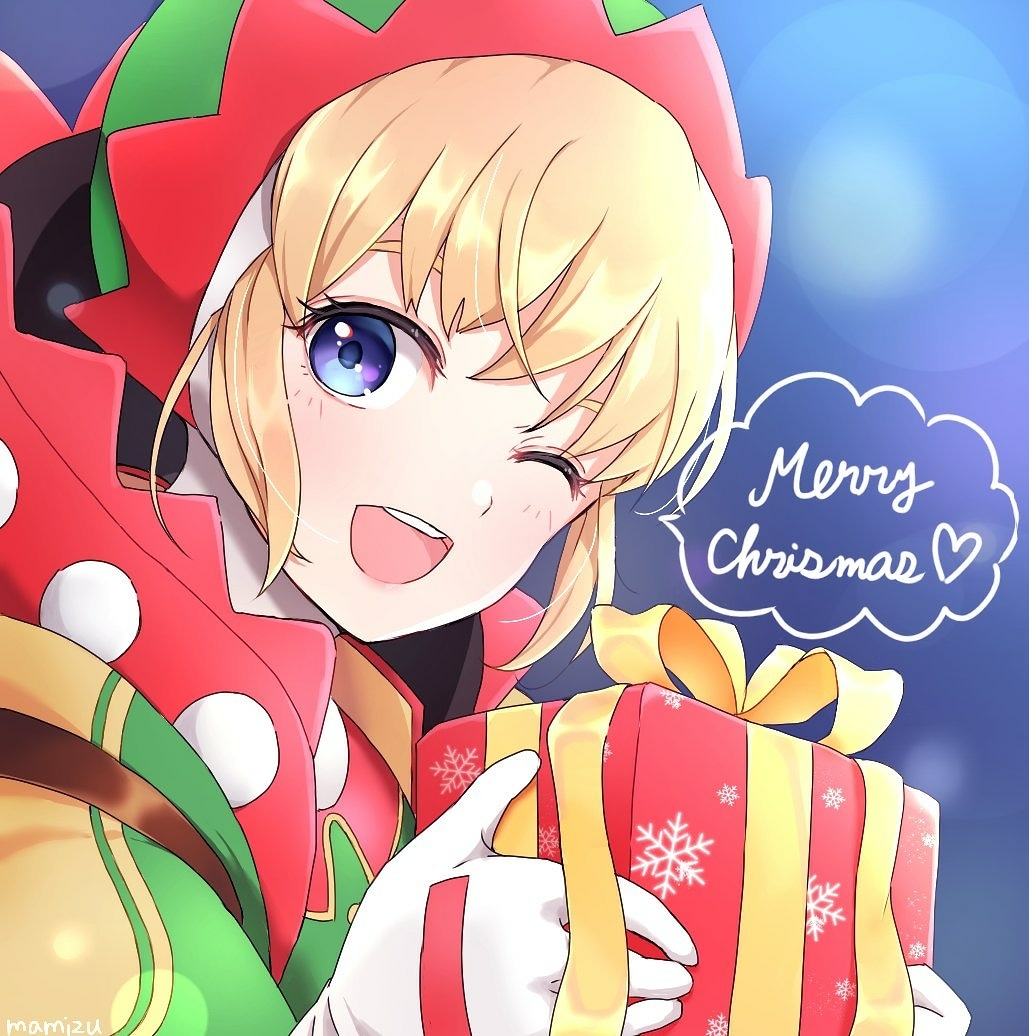 1girl apex_legends bangs bow box eyebrows_behind_hair gift gloves green_headwear head_tilt heart holding holding_box merry_christmas one_eye_closed open_mouth raid_(minmiru) smile solo speech_bubble wattson_(apex_legends) white_gloves yellow_bow