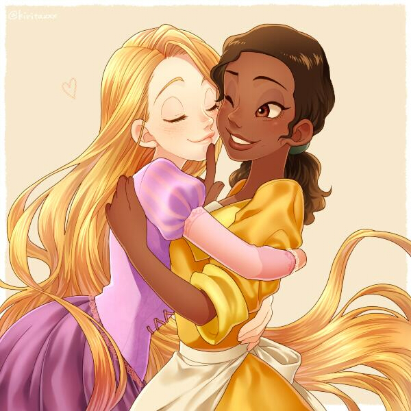 2girls apron blonde_hair brown_eyes brown_hair closed_eyes crossover disney dress finger_to_another's_mouth hair_tie heart hug kiri_futoshi long_hair multiple_girls one_eye_closed pink_dress ponytail puckered_lips rapunzel_(disney) smile tangled the_princess_and_the_frog tiana very_long_hair waist_apron yellow_dress