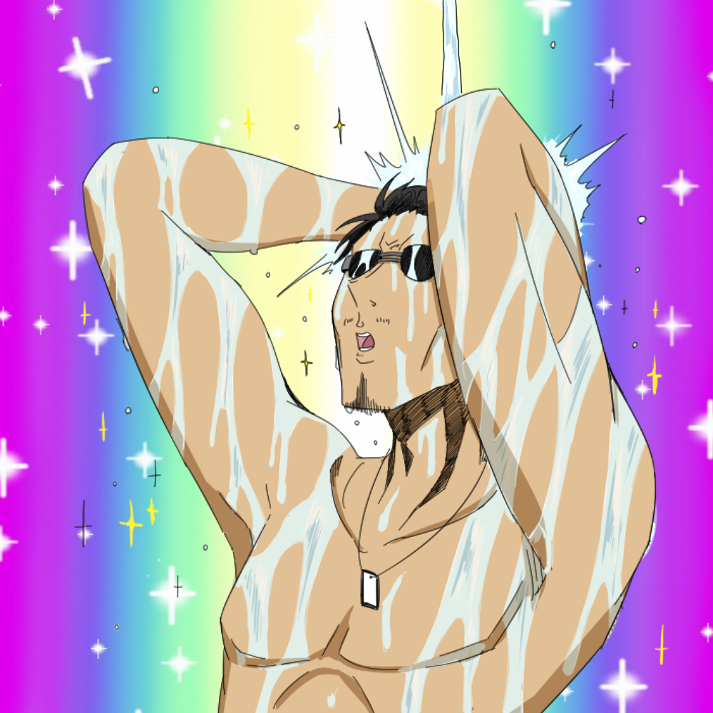 1boy admiral_(kantai_collection) armpits arms_behind_head birii brown_hair dog_tags facial_hair heaven_condition kantai_collection male_focus multicolored_background muscle mustache open_mouth shadow shirtless short_hair shower sketch solo sparkle stubble sunglasses upper_body washing_hair wet