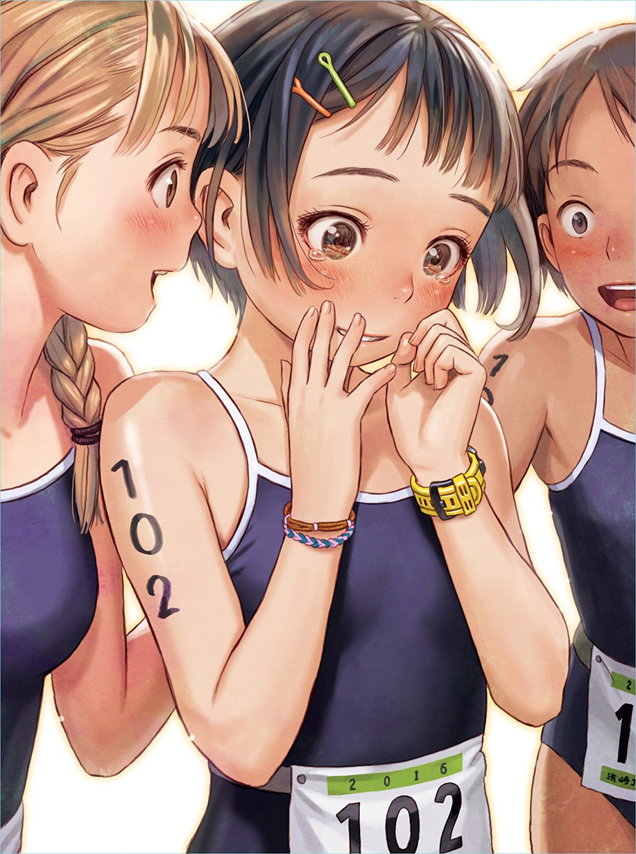 2016 3girls :d armpits bangs bare_arms bare_shoulders black_eyes black_hair blonde_hair blue_swimsuit blunt_bangs blush bodypaint braid brown_eyes collarbone competition_school_swimsuit dark_skin finger_to_mouth flat_chest futuregraph grin hair_ornament hair_over_shoulder hair_tie hairclip happy_tears highres long_hair looking_down multiple_girls murata_renji number open_mouth parted_lips round_teeth school_swimsuit short_hair simple_background single_braid smile swimsuit tareme tears teeth watch watch white_background wristband