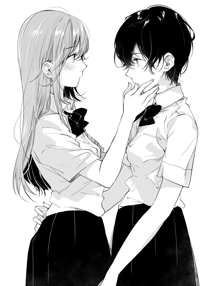 2girls bangs blush bow bowtie breasts collared_shirt cowboy_shot eyebrows eyebrows_visible_through_hair fingernails fly_333 from_side hair_between_eyes hand_on_another's_back hands_on_another's_face long_fingernails long_hair looking_at_another monochrome multiple_girls original profile school_uniform shirt short_hair short_sleeves sidelocks simple_background skirt white_background yuri