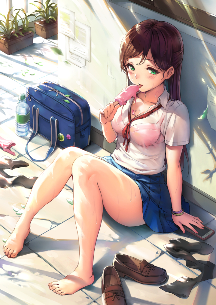 1girl :p against_wall arm_at_side badge bag bare_legs barefoot black_legwear blue_skirt bottle bra bracelet breasts brown_hair brown_shoes cellphone collarbone collared_shirt day dripping feet food food_on_body full_body gou_(ga673899) green_eyes holding holding_food hot jewelry knees_together_feet_apart licking liquid loafers long_hair medium_breasts melting original outdoors paper phone pink_bra plant pleated_skirt popsicle potted_plant railing red_ribbon ribbon see-through shirt shoes shoes_removed short_sleeves skirt smartphone stone_floor sunlight sweat sweating thighhighs_removed tongue tongue_out underwear water water_bottle wet wet_clothes wet_shirt white wing_collar wrapper zanshomimai