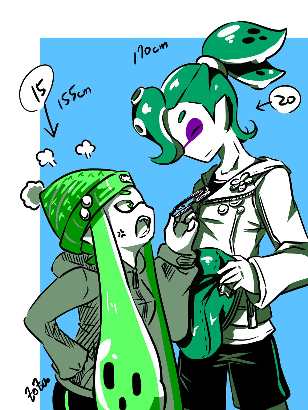 1boy 1girl age_difference anger_vein angry artist_name beanie beret bike_shorts collar_grab commentary cowboy_shot crazy_(zoza) domino_mask fangs flower from_side fume green_eyes green_hair hand_in_pocket hat height_difference highres holding holding_hat hood hoodie inkling jacket light_smile long_hair long_sleeves looking_at_another mask partially_colored pointy_ears samurai_(zoza) scrunchie signature single_vertical_stripe splatoon tentacle_hair topknot zoza