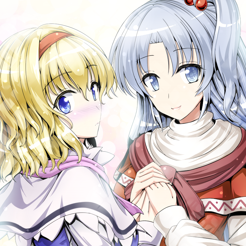 2girls alice_margatroid blonde_hair blue_eyes blush capelet closed_mouth grey_eyes hair_bobbles hair_ornament hairband holding_hands long_hair long_sleeves looking_at_viewer looking_to_the_side mother_and_daughter multiple_girls nose_blush one_side_up shinki short_hair silver_hair smile touhou white_background y2