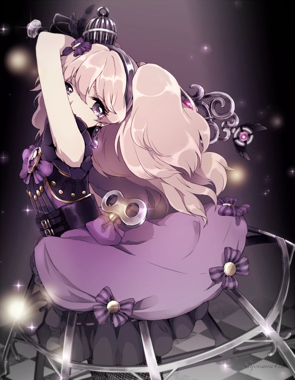 1girl arms_up belt blonde_hair bow cage chizuru_(ambient) earrings es_(otoca_d'or) hair_bow hairband highres hoop_skirt jewelry long_hair looking_at_viewer otoca_d'or purple_background purple_bow purple_skirt skirt solo violet_eyes winding_key