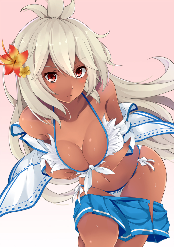 1girl ahoge arms_at_sides bare_shoulders breasts cleavage clothes_down collarbone dark_skin flower front-tie_top gradient gradient_background granblue_fantasy hair_flower hair_ornament long_hair looking_at_viewer medium_breasts midriff navel pleated_skirt red_eyes serious skirt skirt_down the_order_grande thighs white_hair youkan_(mattya_youkan)