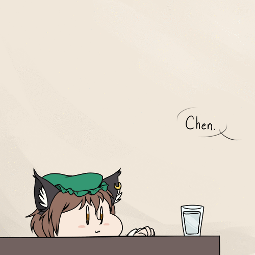 1girl :3 animal_ears animated animated_gif brown_hair cat_ears chen comic cup drinking_glass english fidgeting flat_color hat jewelry lowres mob_cap robin_(unlimited_world) single_earring solo table touhou
