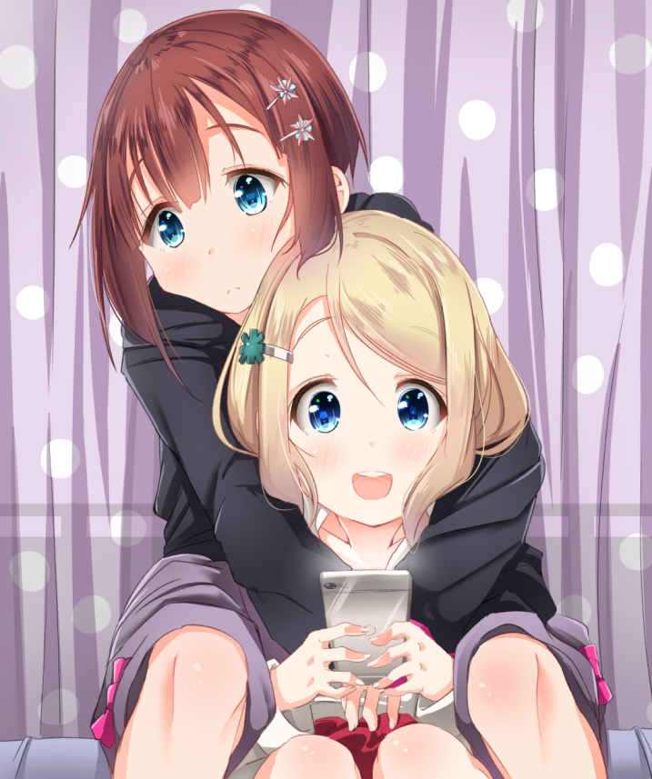 2girls :d ayase_arisa bangs between_legs blonde_hair blue_eyes blush brown_hair cellphone curtains frown hair_ornament hairpin hood hood_down hoodie hug hug_from_behind jacket kousaka_yukiho long_sleeves love_live! love_live!_school_idol_project mad_(hazukiken) multiple_girls on_bed open_mouth phone polka_dot short_hair sitting sitting_on_bed smartphone smile yuri