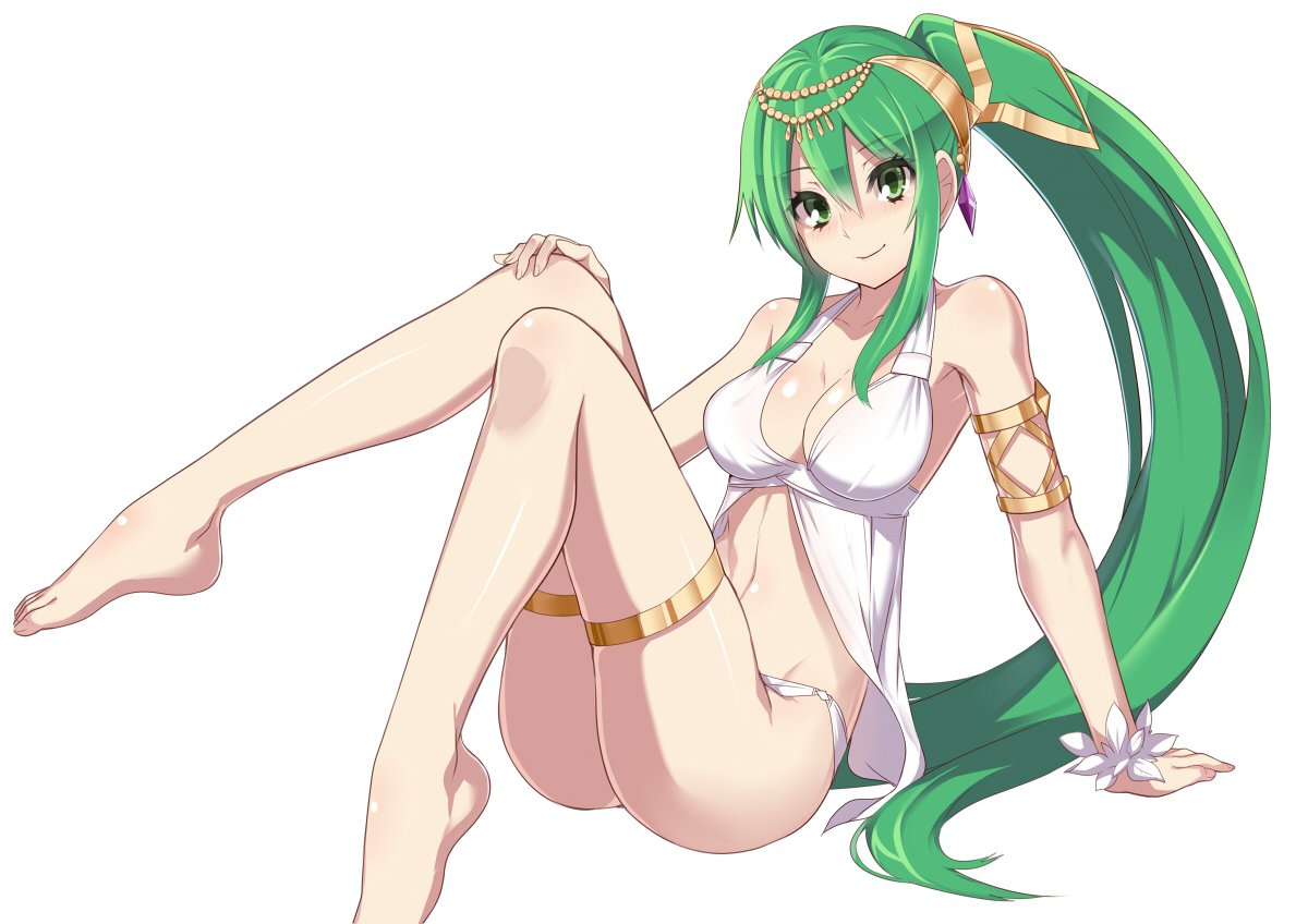 1girl arm_support armlet artemis_(p&amp;d) ass barefoot blush breasts commentary_request green_eyes green_hair hair_ornament jewelry large_breasts legs_up long_hair looking_at_viewer navel ponytail puzzle_&amp;_dragons simple_background sitting smile solo swimsuit thigh_strap very_long_hair wada_masanori white_background