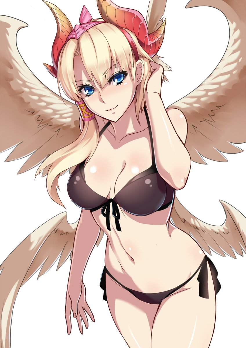 1girl arm_at_side arm_up asymmetrical_hair bikini black_bikini blue_eyes breasts closed_mouth collarbone cowboy_shot eyebrows eyebrows_visible_through_hair eyelashes hair_tubes hairband hand_in_hair highres horns lips medium_breasts minerva_(p&amp;d) multiple_wings navel puzzle_&amp;_dragons side-tie_bikini simple_background smile solo stomach swimsuit tsurime wada_masanori white_background white_wings wings