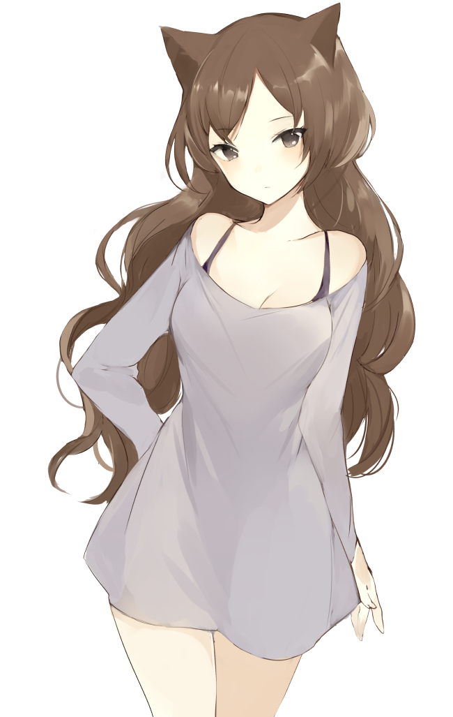 1girl animal_ears arm_at_side bare_shoulders blush breasts brown_eyes brown_hair cat_ears cleavage closed_mouth collarbone cowboy_shot dress grey_dress head_tilt long_sleeves looking_at_viewer lp_(hamasa00) medium_breasts off-shoulder_dress off_shoulder original simple_background solo standing thighs tsurime white_background