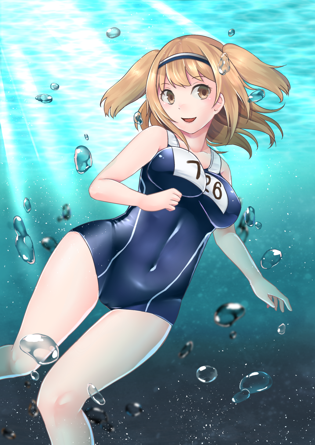 1girl breasts bubble hairband highres i-26_(kantai_collection) kantai_collection light_brown_eyes light_brown_hair lips long_hair looking_at_viewer name_tag new_school_swimsuit ocean open_mouth sailor_collar school_swimsuit smile solo sunlight swimsuit two_side_up underwater water