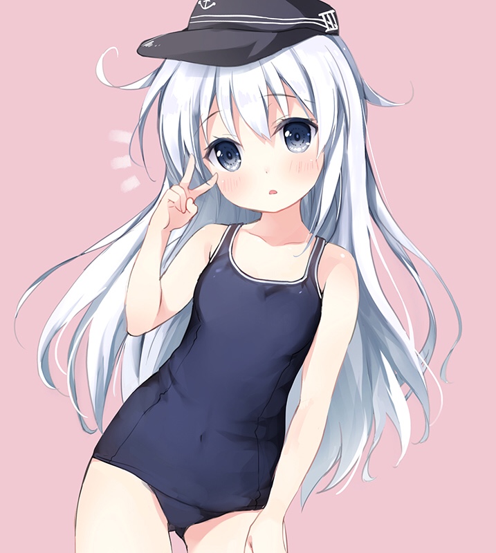 /\/\/\ 1girl alternate_costume anchor_symbol ass_visible_through_thighs bare_arms bare_shoulders black_hat blue_eyes blue_hair blue_swimsuit chiyingzai collarbone contrapposto covered_navel cowboy_shot eyebrows eyebrows_visible_through_hair flat_cap flat_chest hand_gesture hat hibiki_(kantai_collection) kantai_collection long_hair looking_at_viewer one-piece_swimsuit pink_background roman_numerals school_swimsuit simple_background solo standing swimsuit v very_long_hair