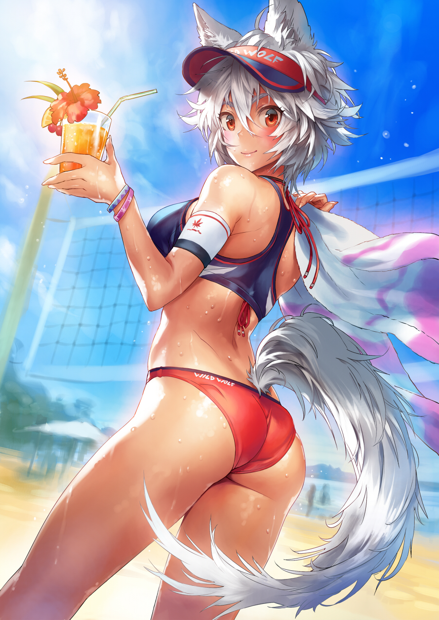 1girl alternate_costume animal_ears armband ass beach beach_volleyball bendy_straw blush bracelet contemporary cowboy_shot cup drinking_straw dripping flower hibiscus highres hot inubashiri_momiji jewelry looking_at_viewer matsuda_(matsukichi) red_eyes short_hair silver_hair smile solo sportswear sweat sweating sweating_profusely tail touhou towel visor_cap volleyball_net volleyball_uniform wolf_ears wolf_tail