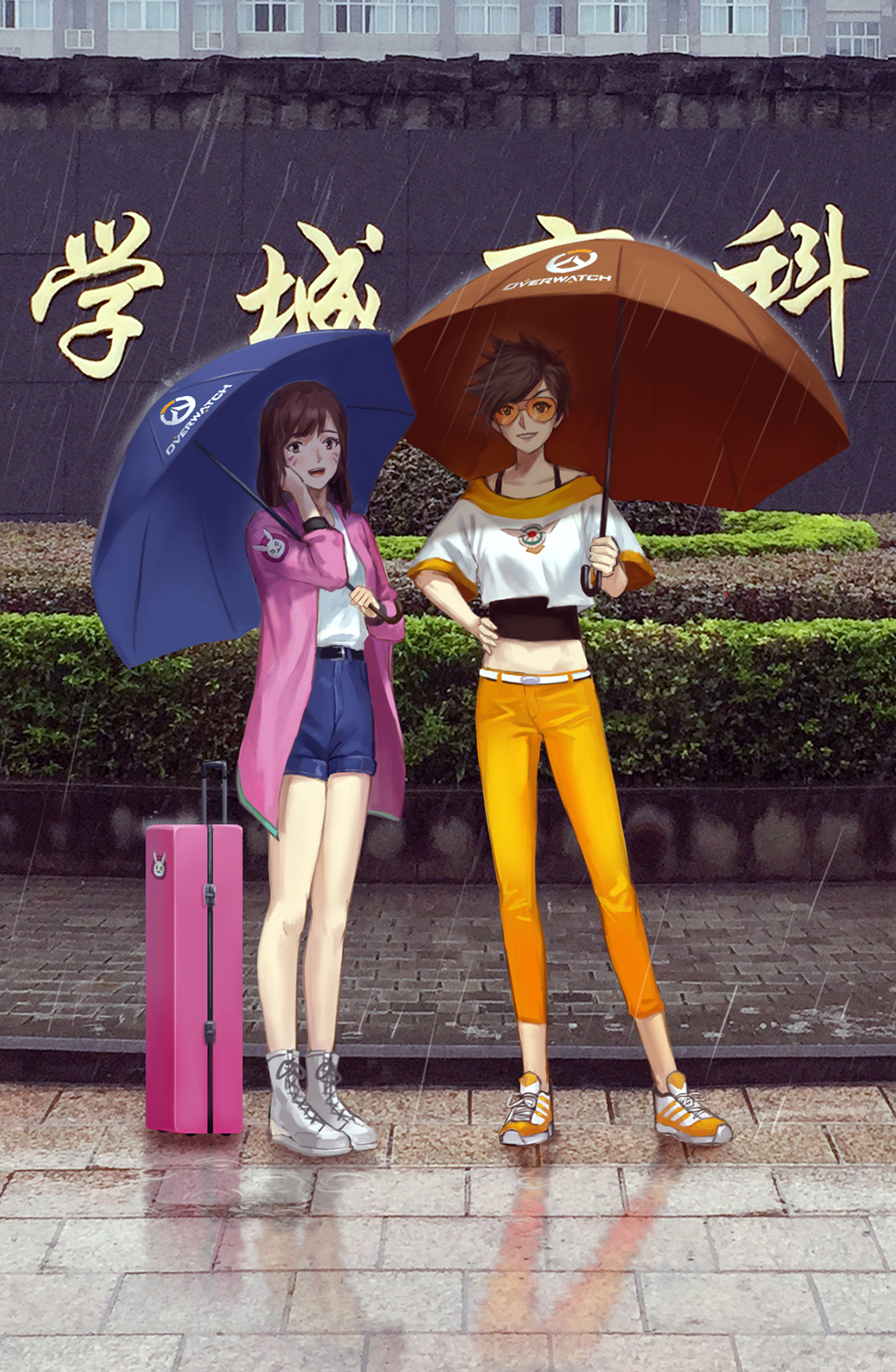 2girls :d alternate_costume belt belt_buckle boots brown_eyes brown_hair buckle bunny_print bush casual collarbone crop_top cross-laced_footwear d.va_(overwatch) denim denim_shorts emblem facepaint facial_mark grin hand_on_headwear hand_on_hip hand_on_own_cheek highres holding holding_umbrella jacket lace-up_boots logo long_hair long_sleeves looking_at_viewer luggage miniskirt multiple_girls open_clothes open_jacket open_mouth overwatch pants pink_jacket plant puddle rain reflection shengxie shirt shoes short_hair shorts skirt smile sneakers spiky_hair standing sunglasses tracer_(overwatch) umbrella whisker_markings white_shirt white_shoes yellow_pants